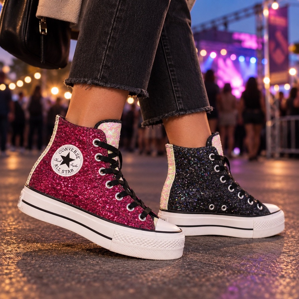 Converse CTAS Lift High Top By You Women's 7.5 Black Pink Glitter Platform Shoes - Picture 2 of 10